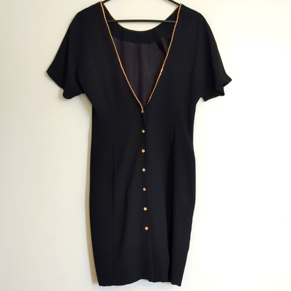Vintage CDC Evening LowCut Back Dress Black/Gold Colored Pearl Embellishments